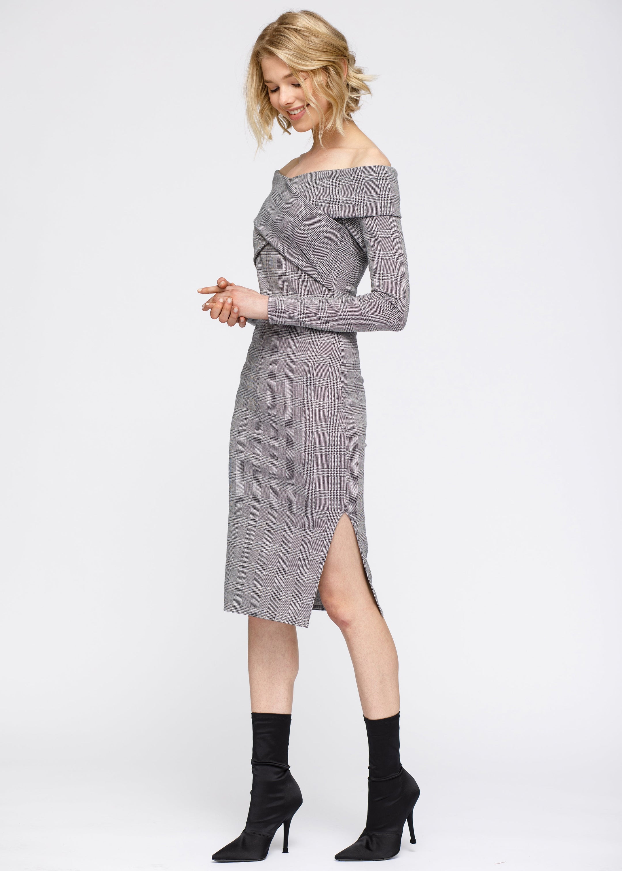 Glen Plaid Off Shoulder Crisscross Dress In Grey Black