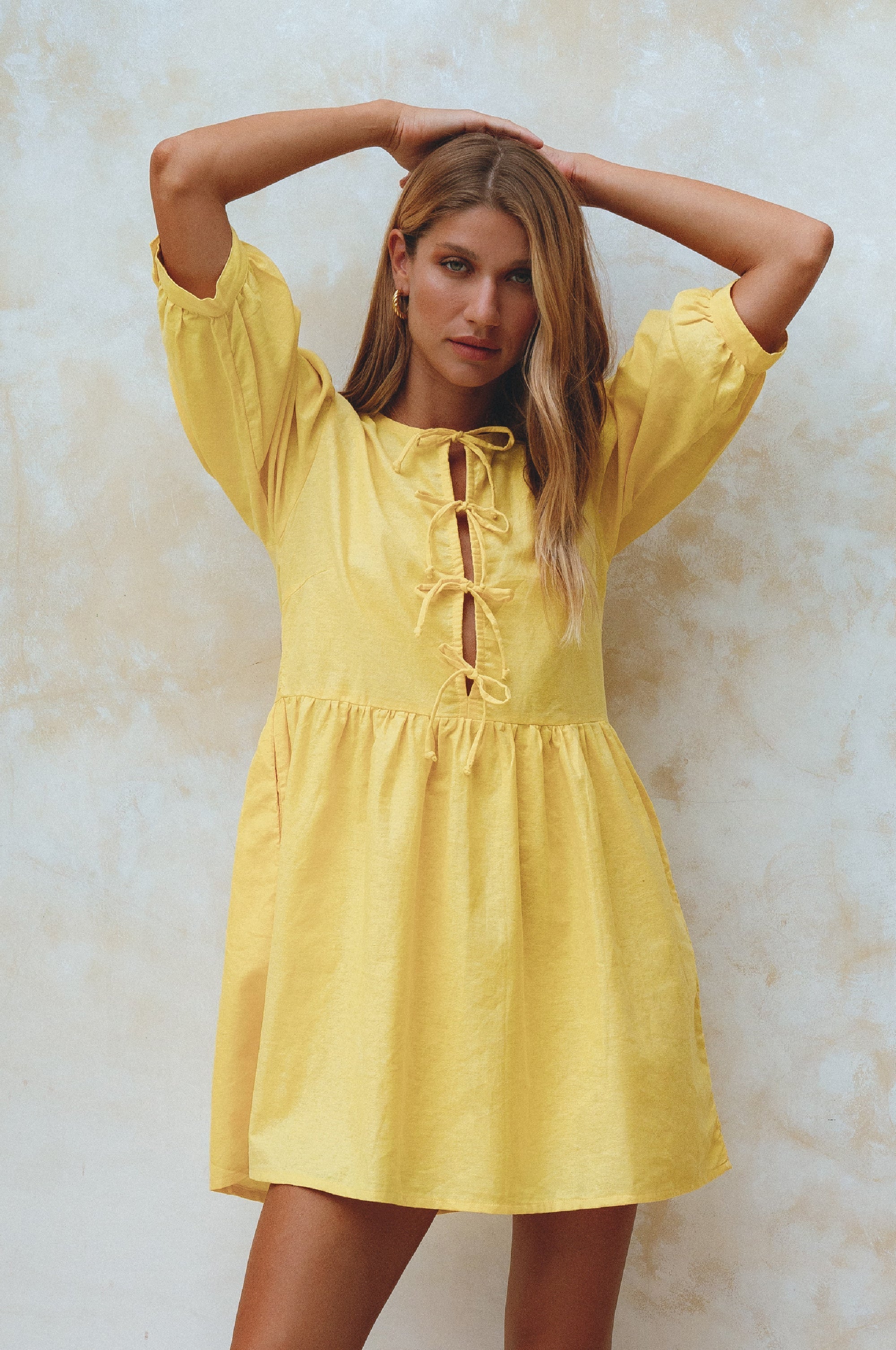Buy Beatrice Puff Sleeve Linen Mini Dress by Bali ELF