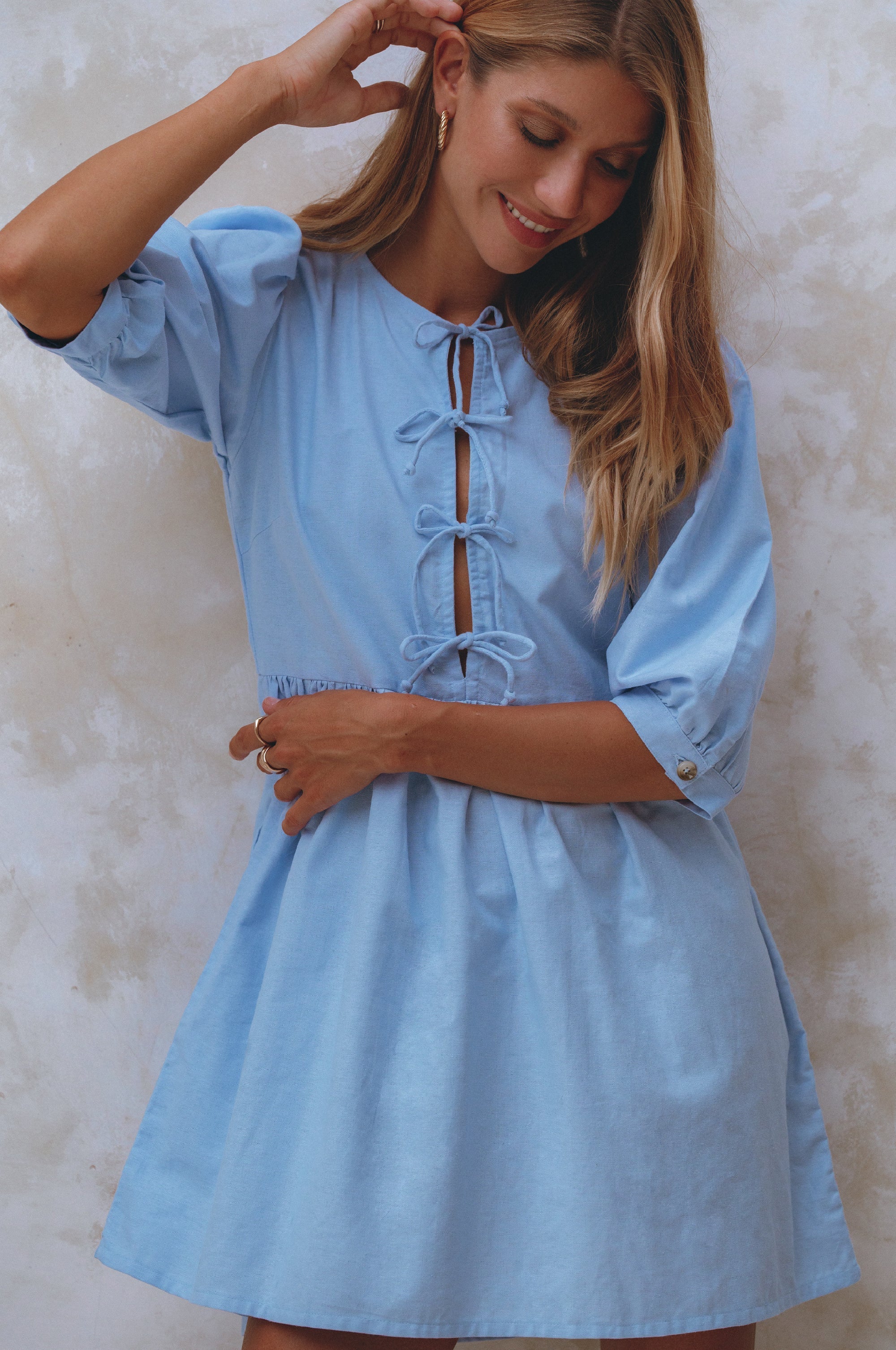 Buy Beatrice Puff Sleeve Linen Mini Dress by Bali ELF