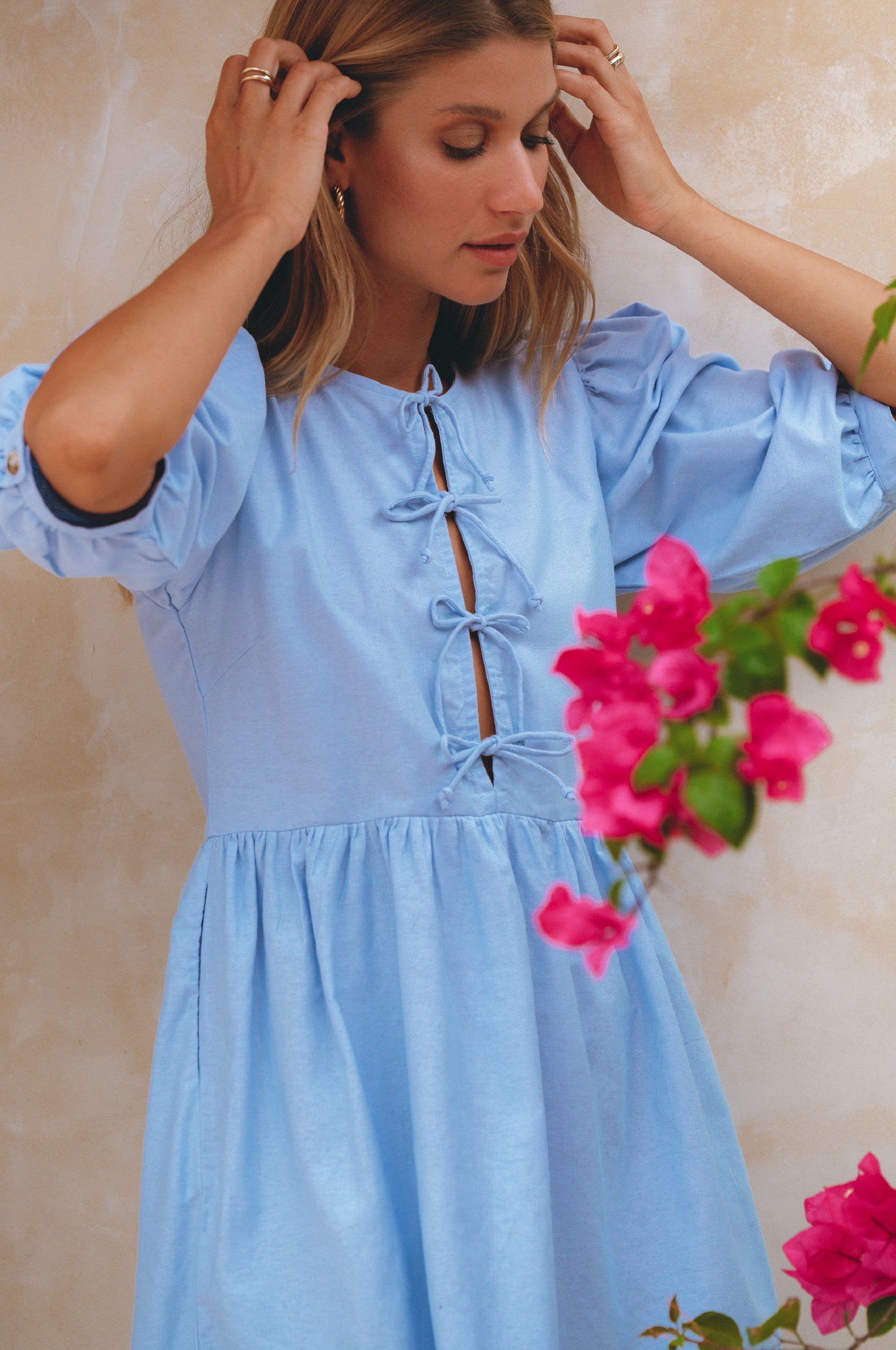 Buy Beatrice Puff Sleeve Linen Mini Dress by Bali ELF
