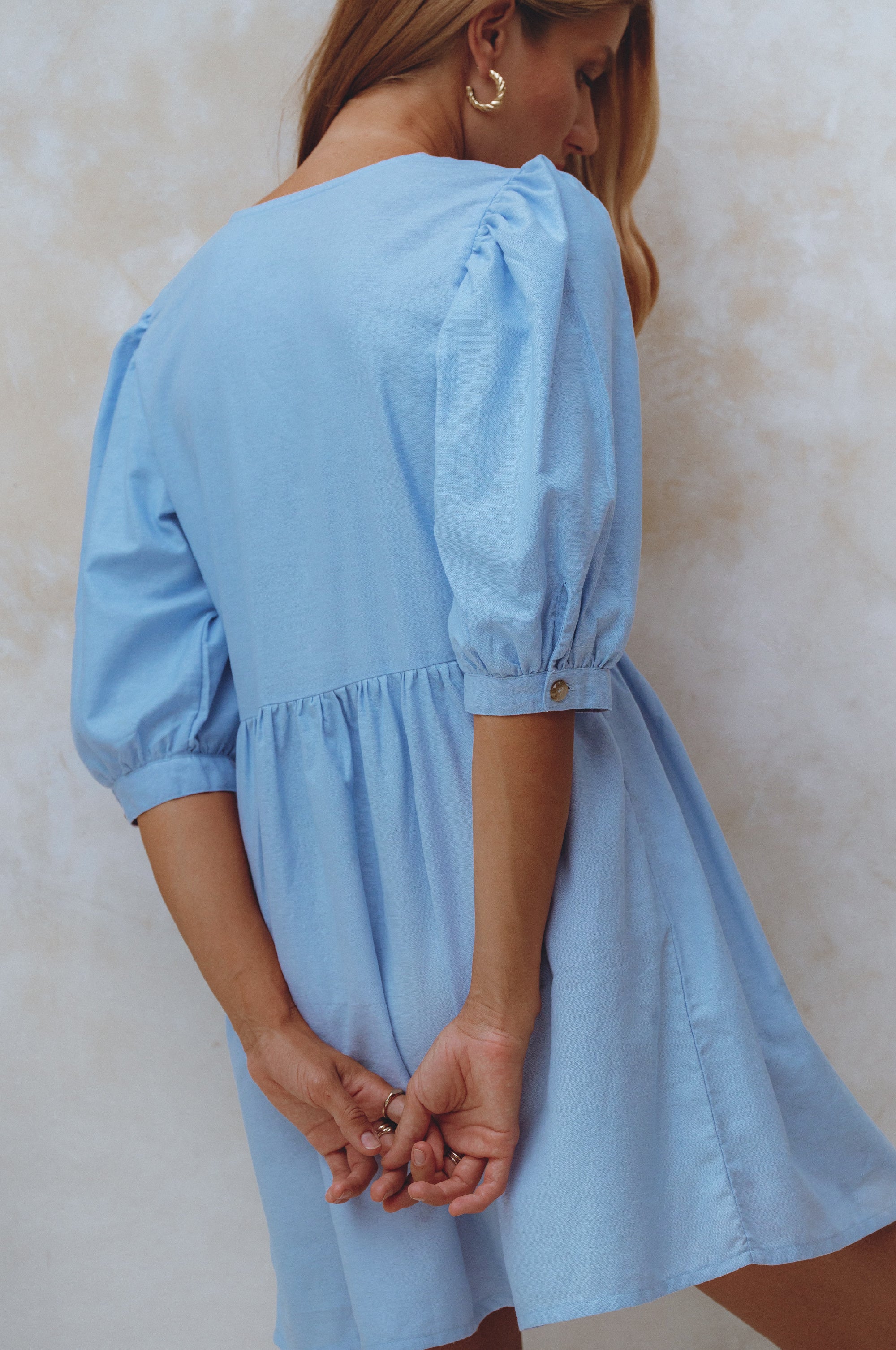 Buy Beatrice Puff Sleeve Linen Mini Dress by Bali ELF