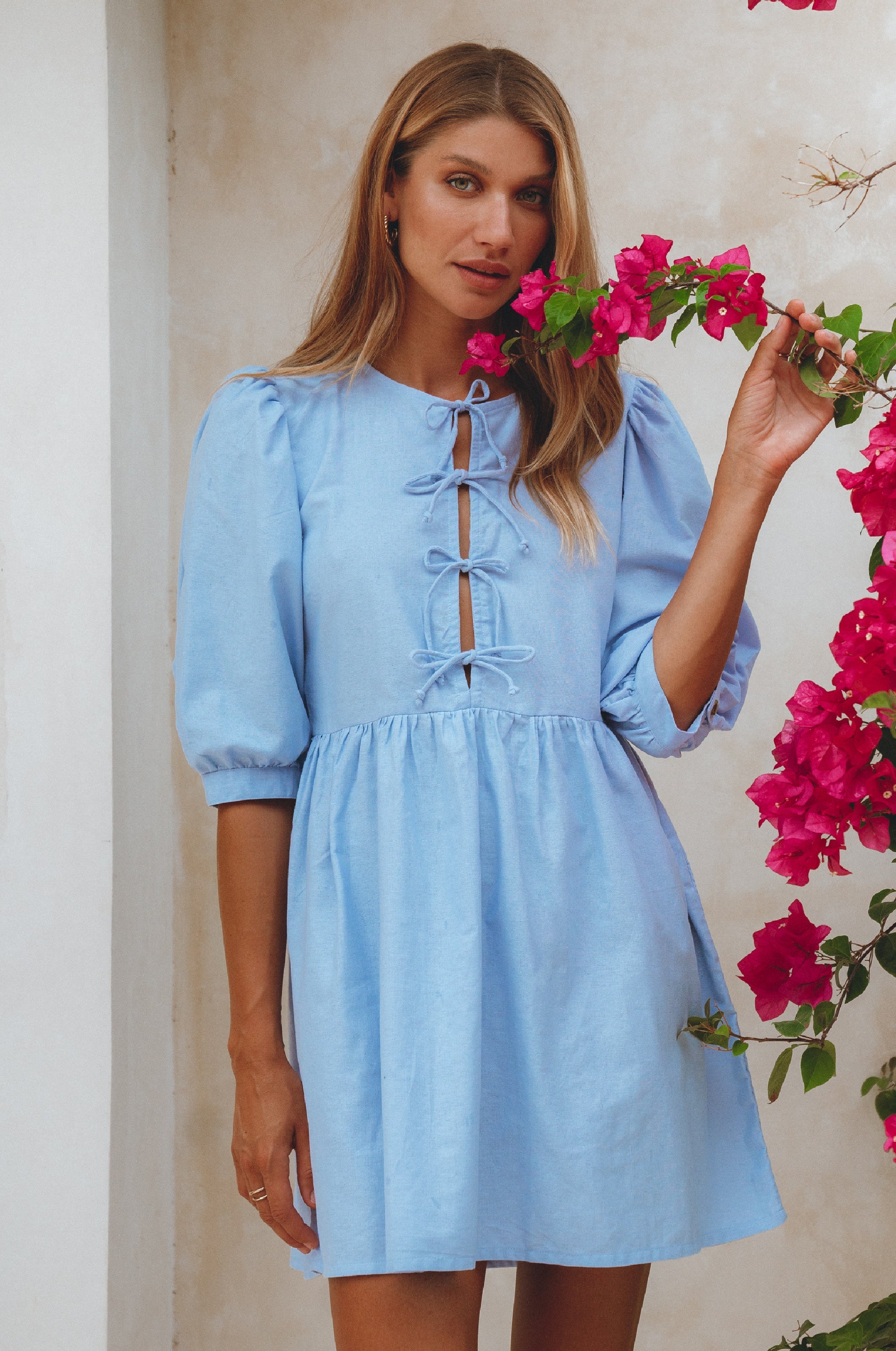Buy Beatrice Puff Sleeve Linen Mini Dress by Bali ELF