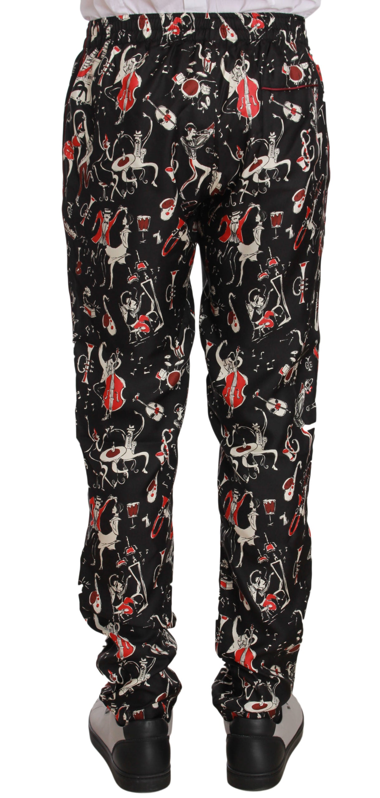 Elegant Black Silk Lounge Pants with Red Print