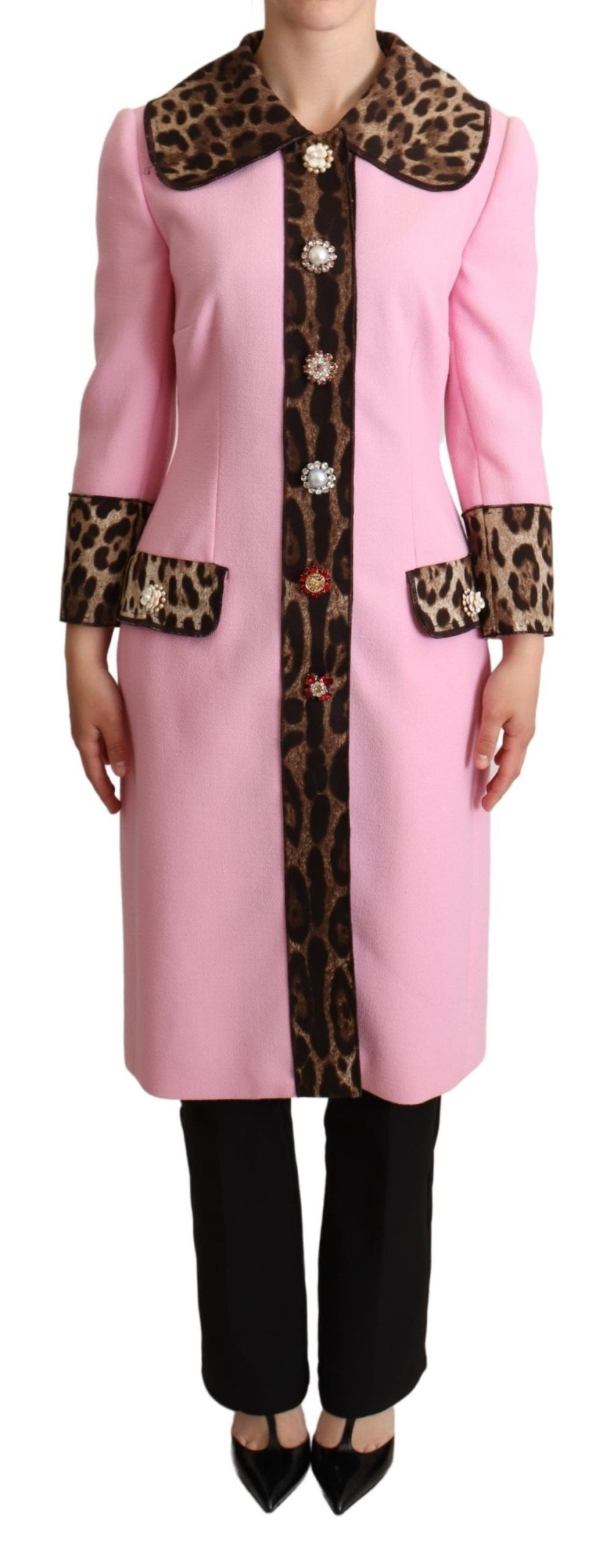 Chic Pink Leopard Trench with Crystal Buttons