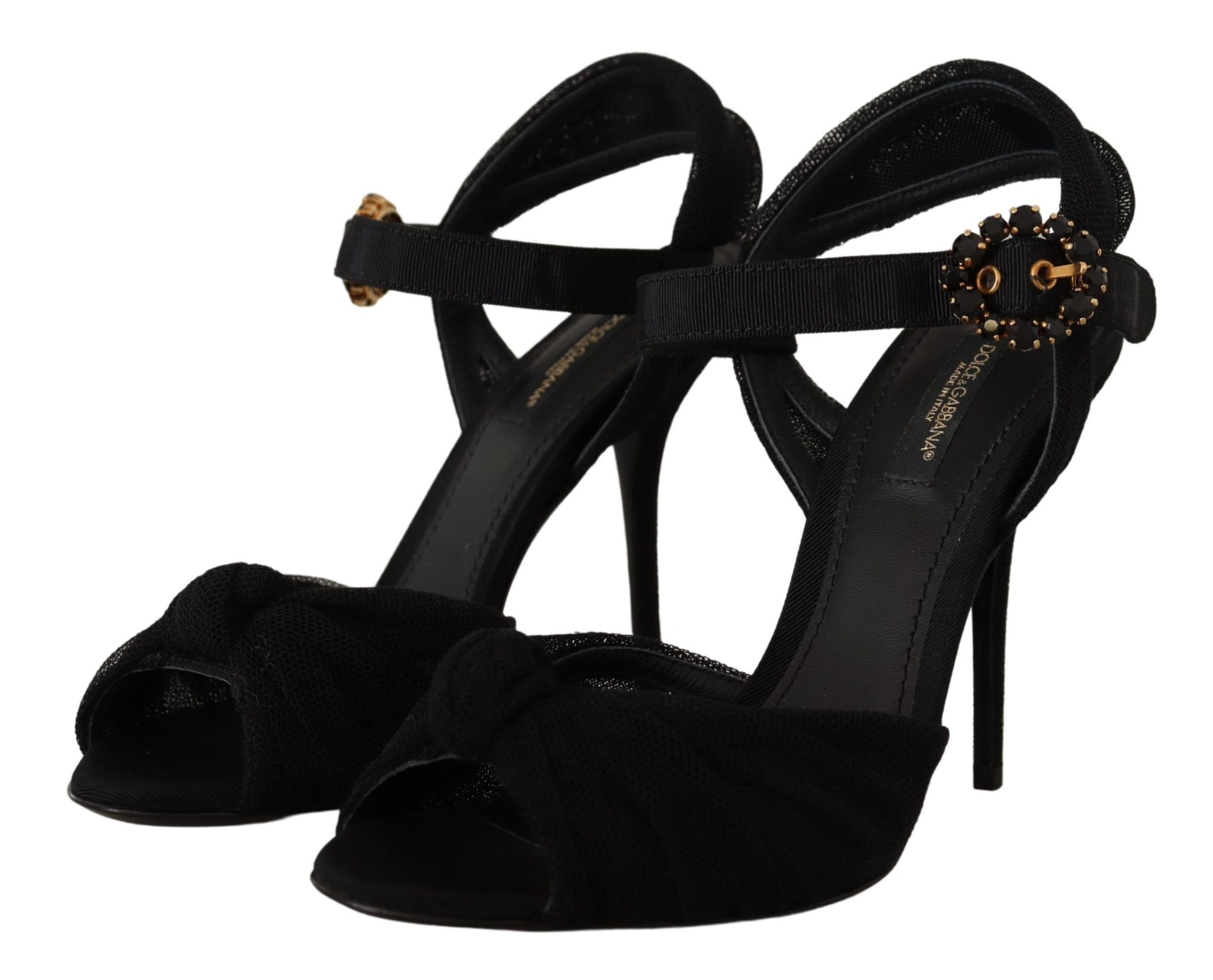 Black Tulle Ankle Strap Heels with Crystal Buckle