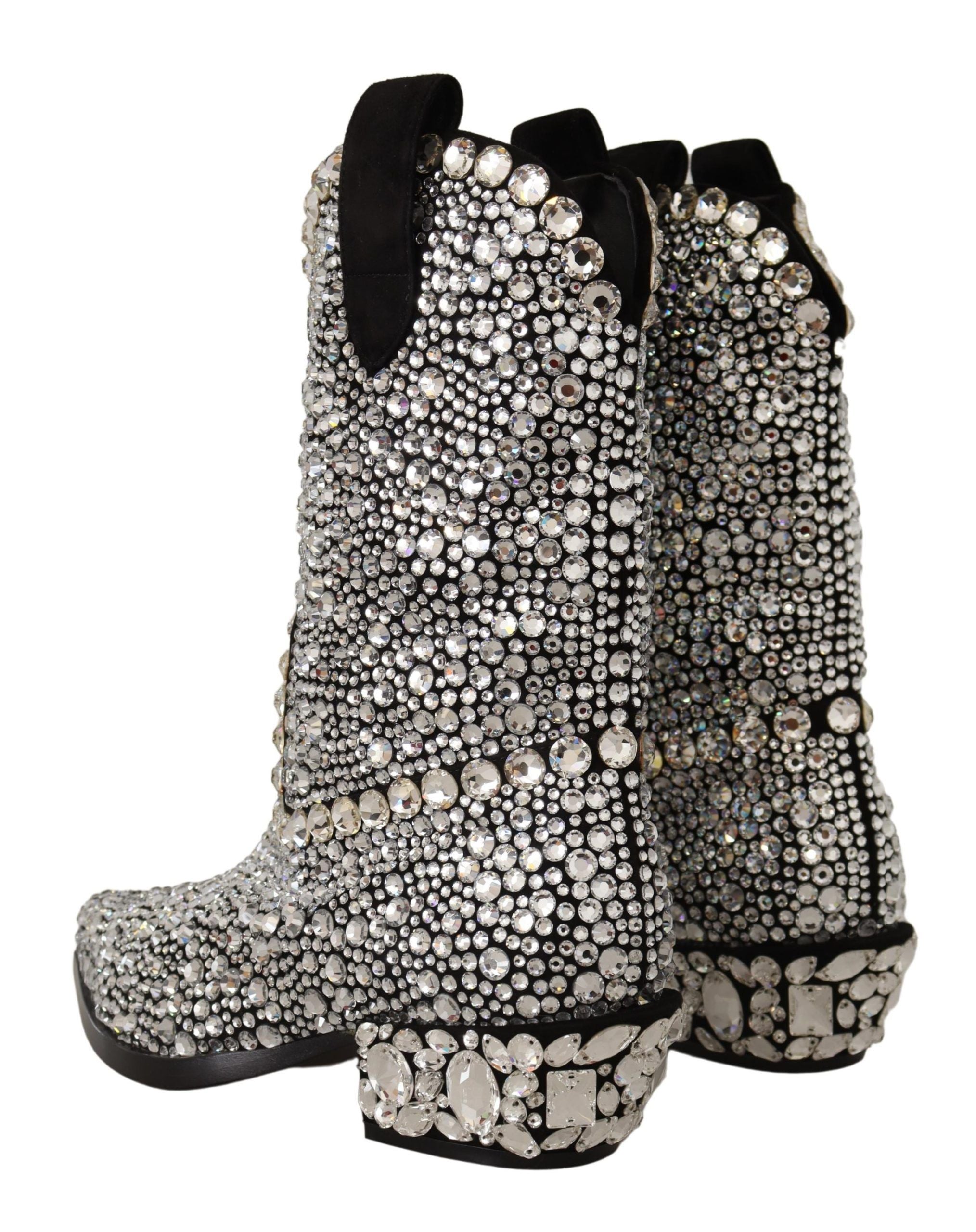 Crystal-Embellished Black Suede Boots