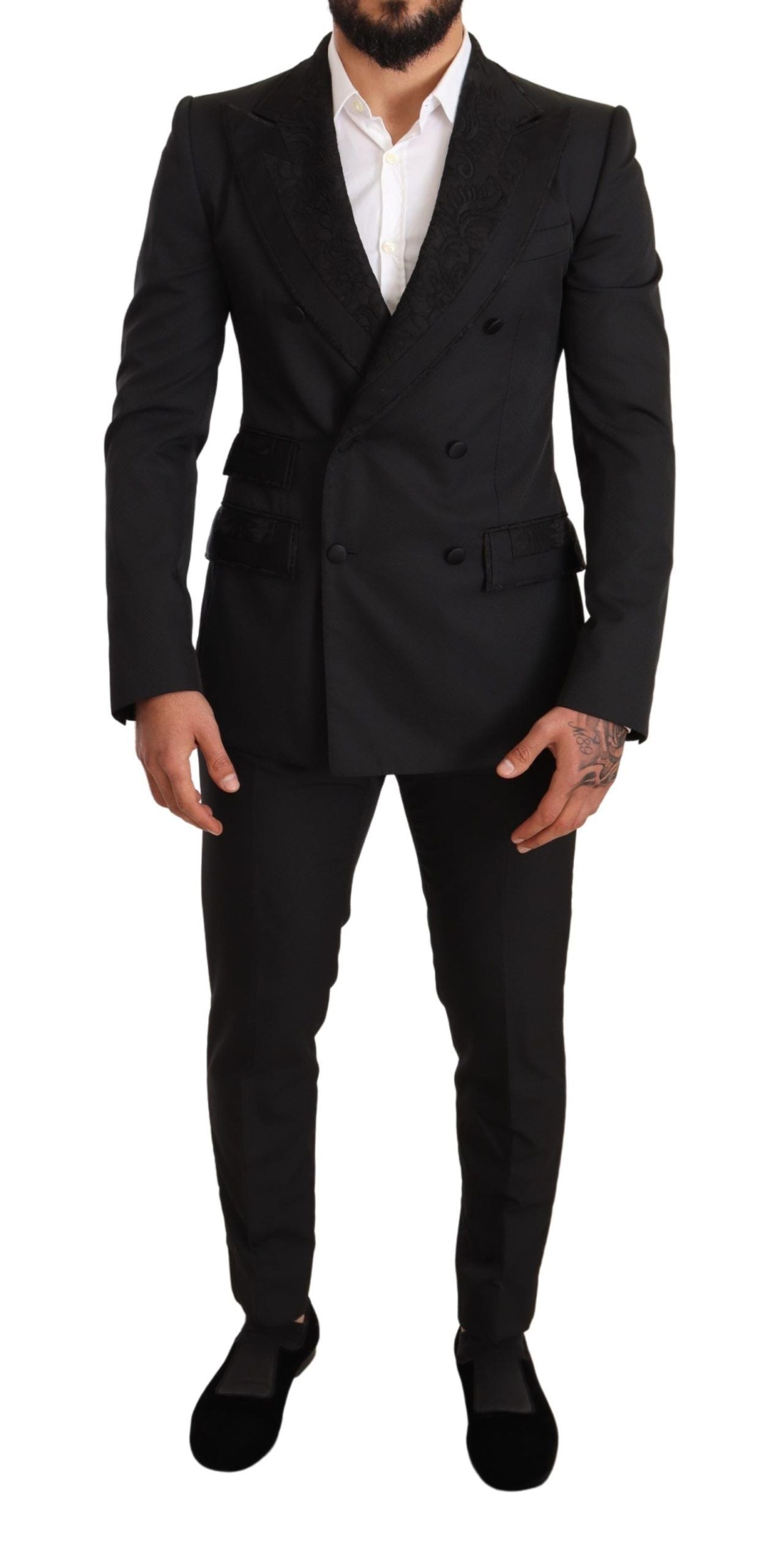 Elegant Black Floral Brocade Suit