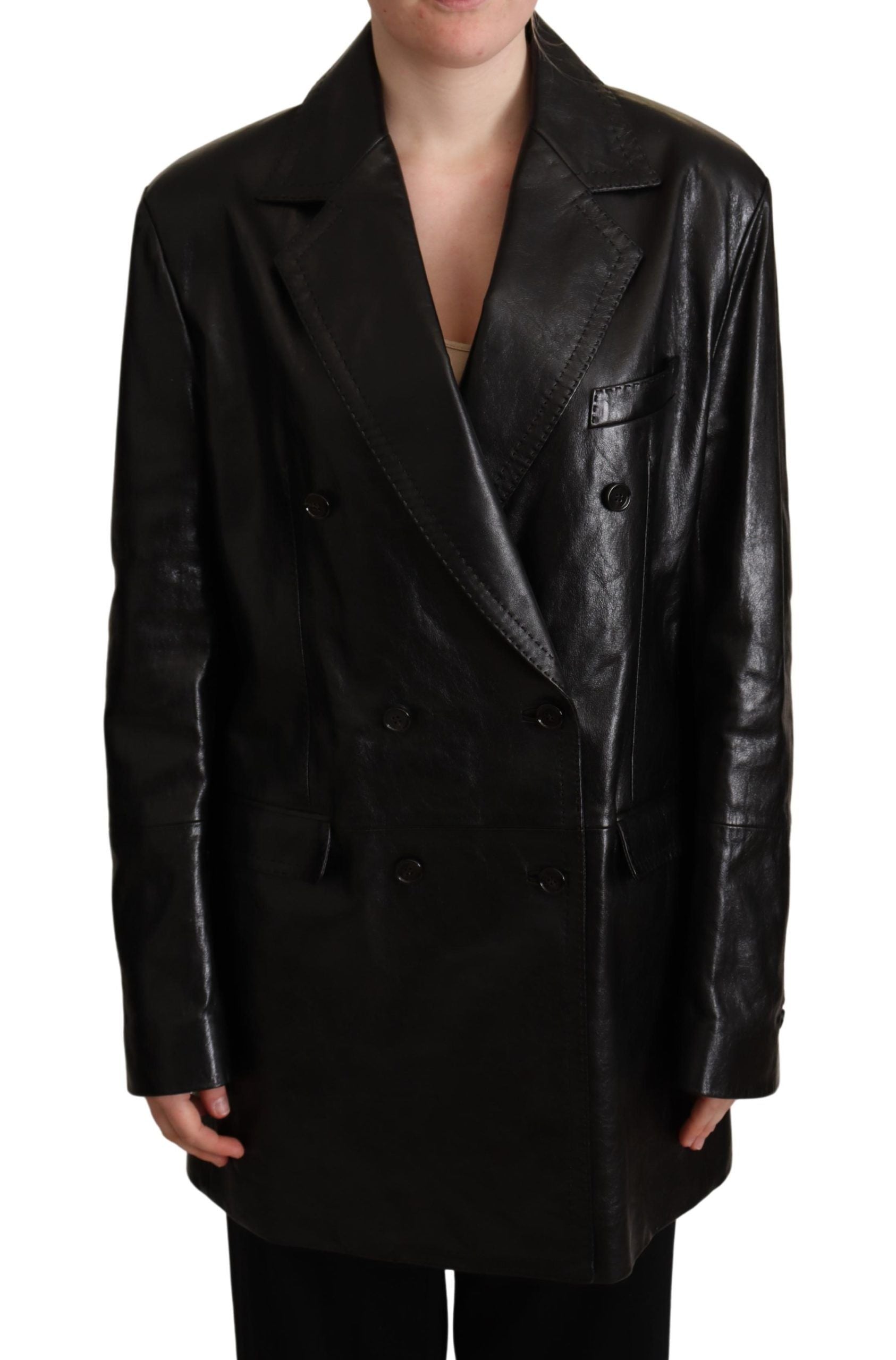 Elegant Black Leather Double-Breasted Jacket