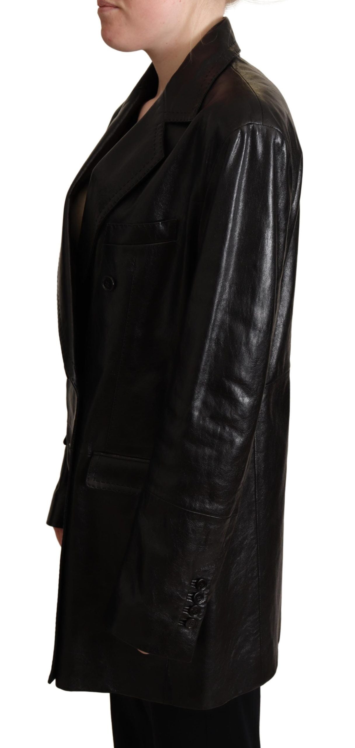 Elegant Black Leather Double-Breasted Jacket
