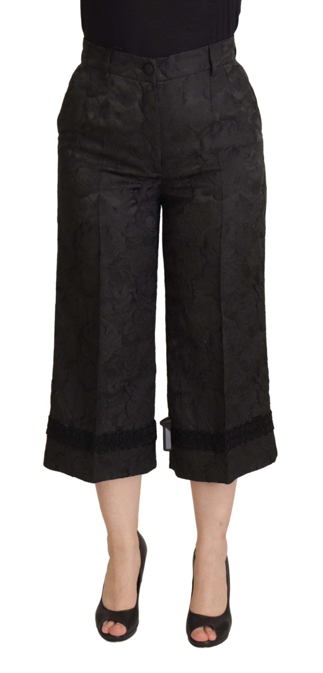 Elegant Black Brocade Cropped Pants