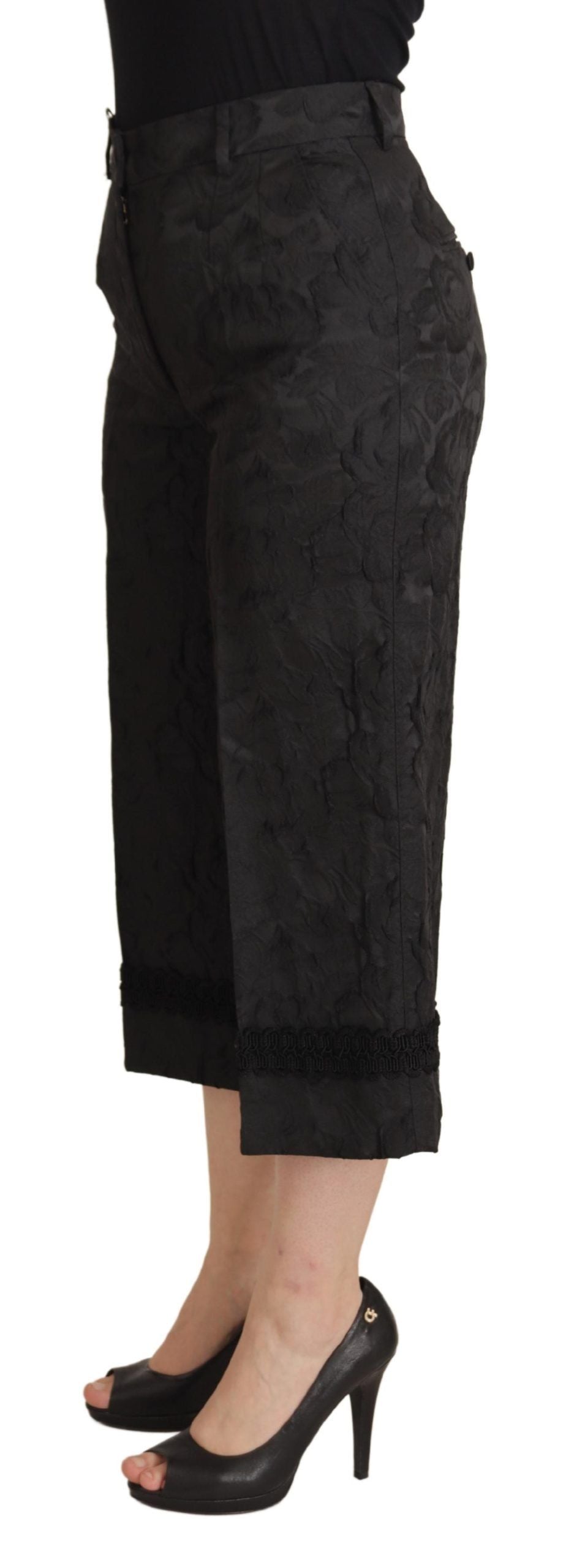 Elegant Black Brocade Cropped Pants