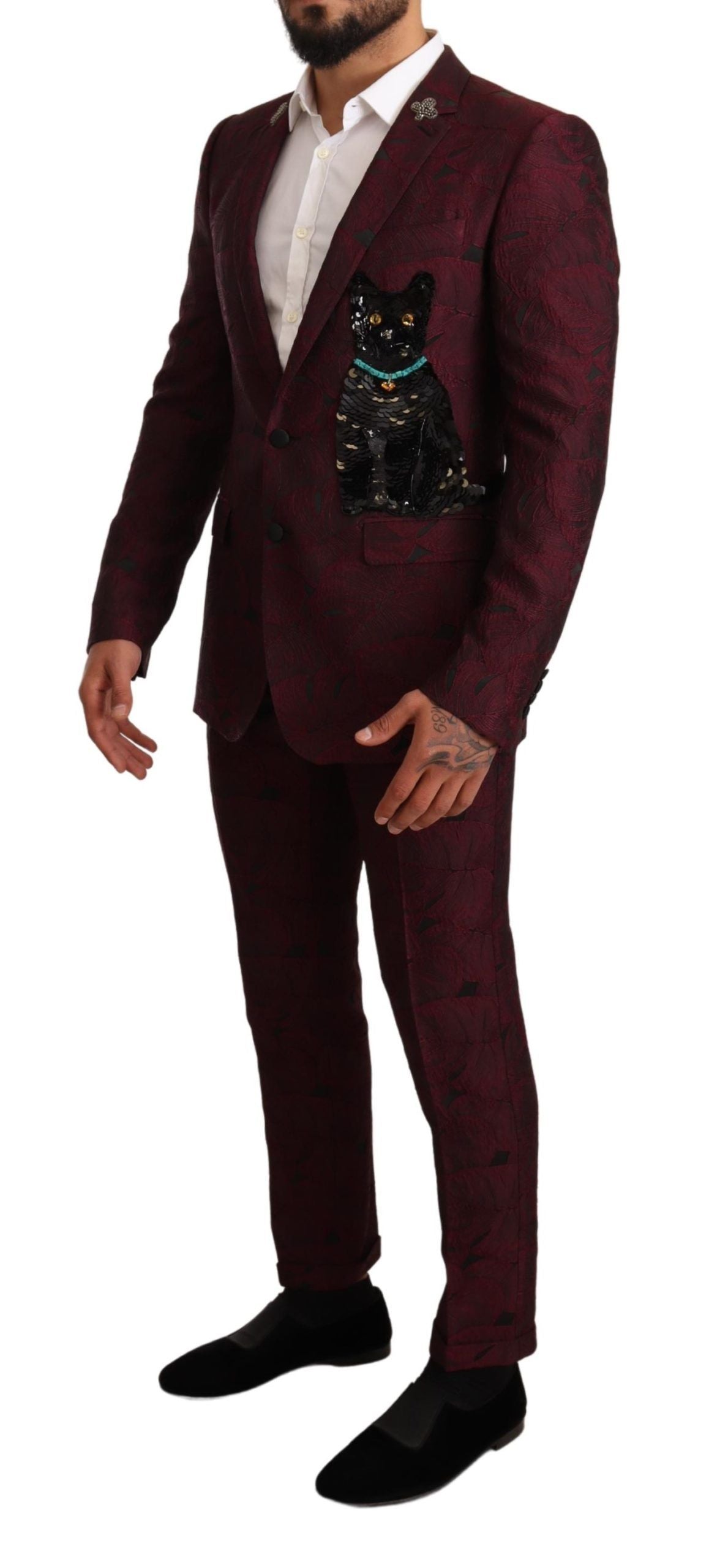Elegant Maroon Leaf Pattern Two-Piece Suit