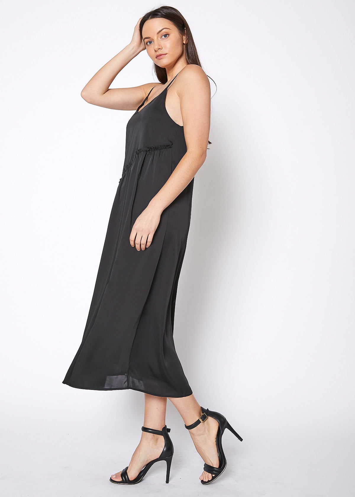 Diagonal Patched Spaghetti Strap Maxi Dress In Black