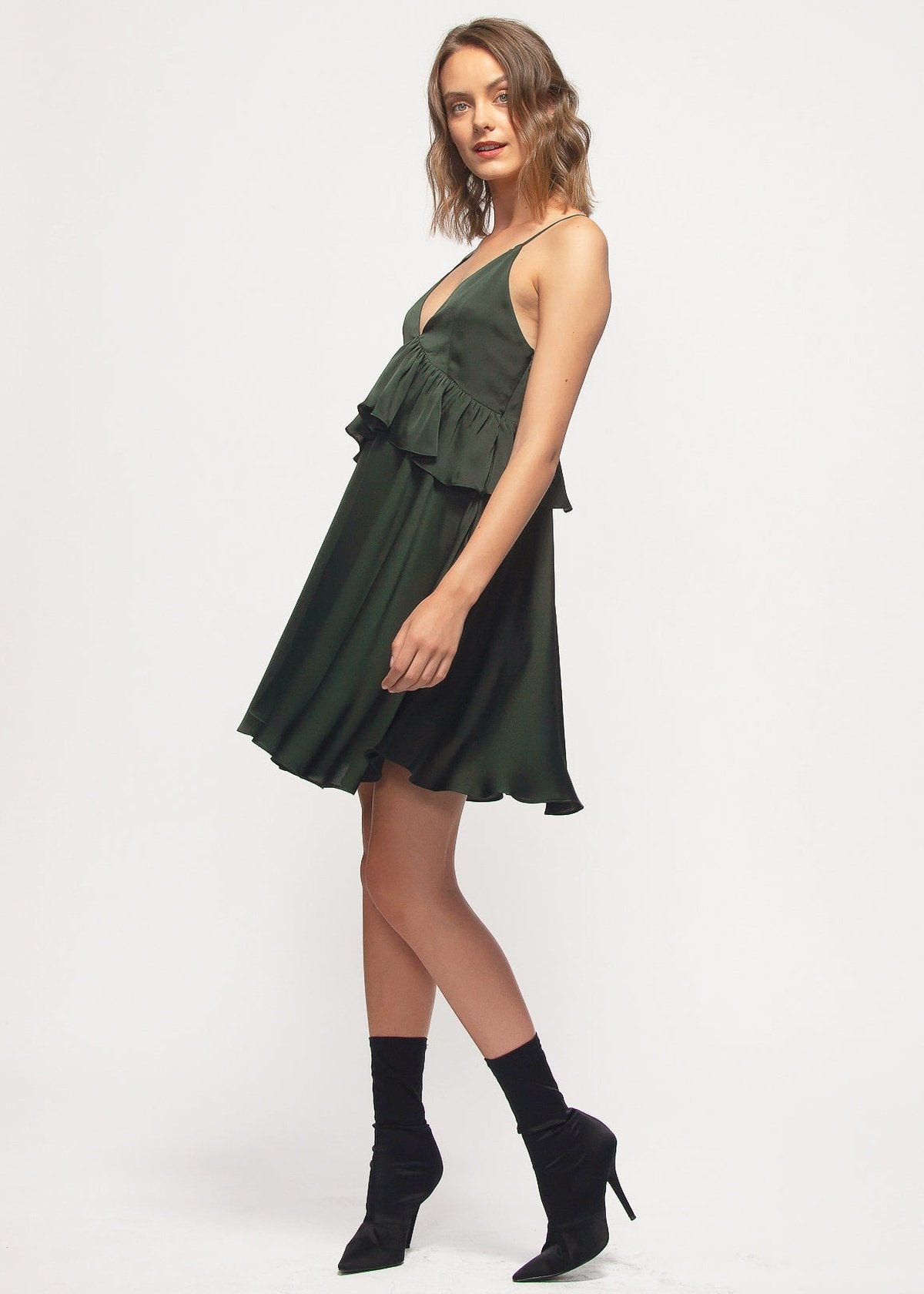 Deep V-neck Ruffle Baby Doll Dress In Hunter Green