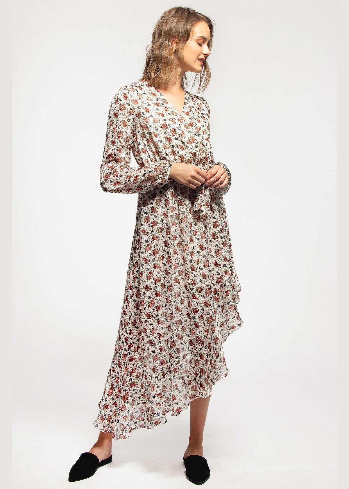 Floral Asymmetrical Ruffle Hem Wrap Dress In Victoria Garden