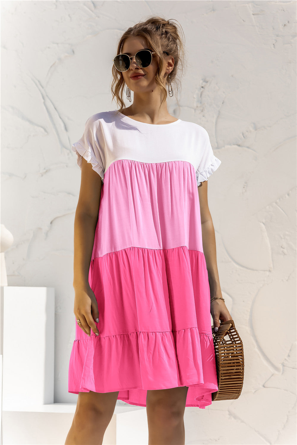 Buy Color Block Round Neck Ruffle Hem Dress by YO