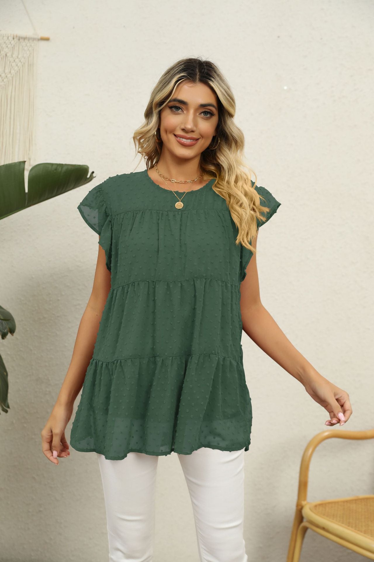 Buy Swiss Dot Round Neck Tiered Blouse by Faz