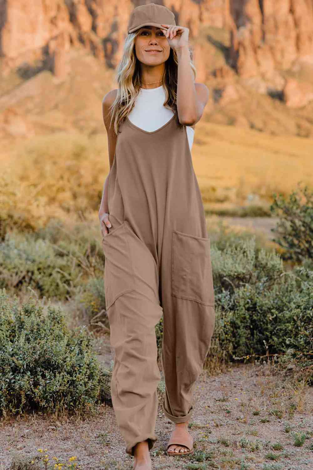 Buy Full Size V-Neck Sleeveless Jumpsuit with Pockets by Double Take