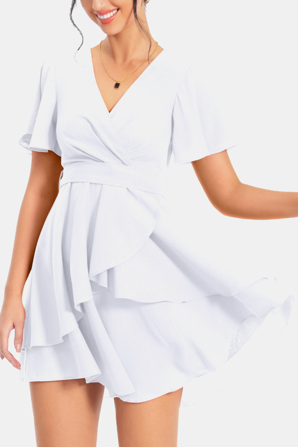 Buy Surplice Neck Flutter Sleeve Dress by A&D
