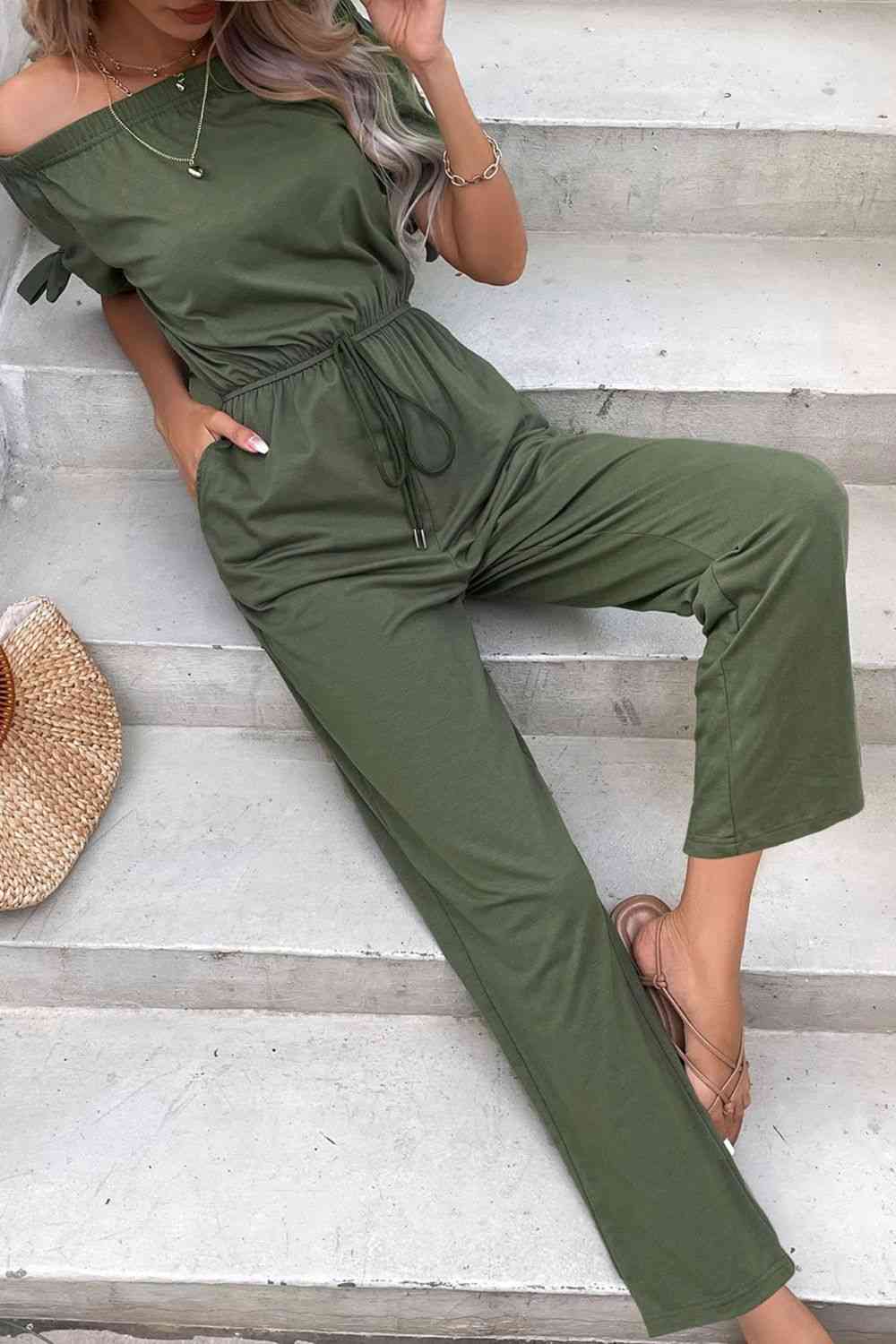 Buy Off-Shoulder Tie Cuff Jumpsuit with Pockets by Hundredth