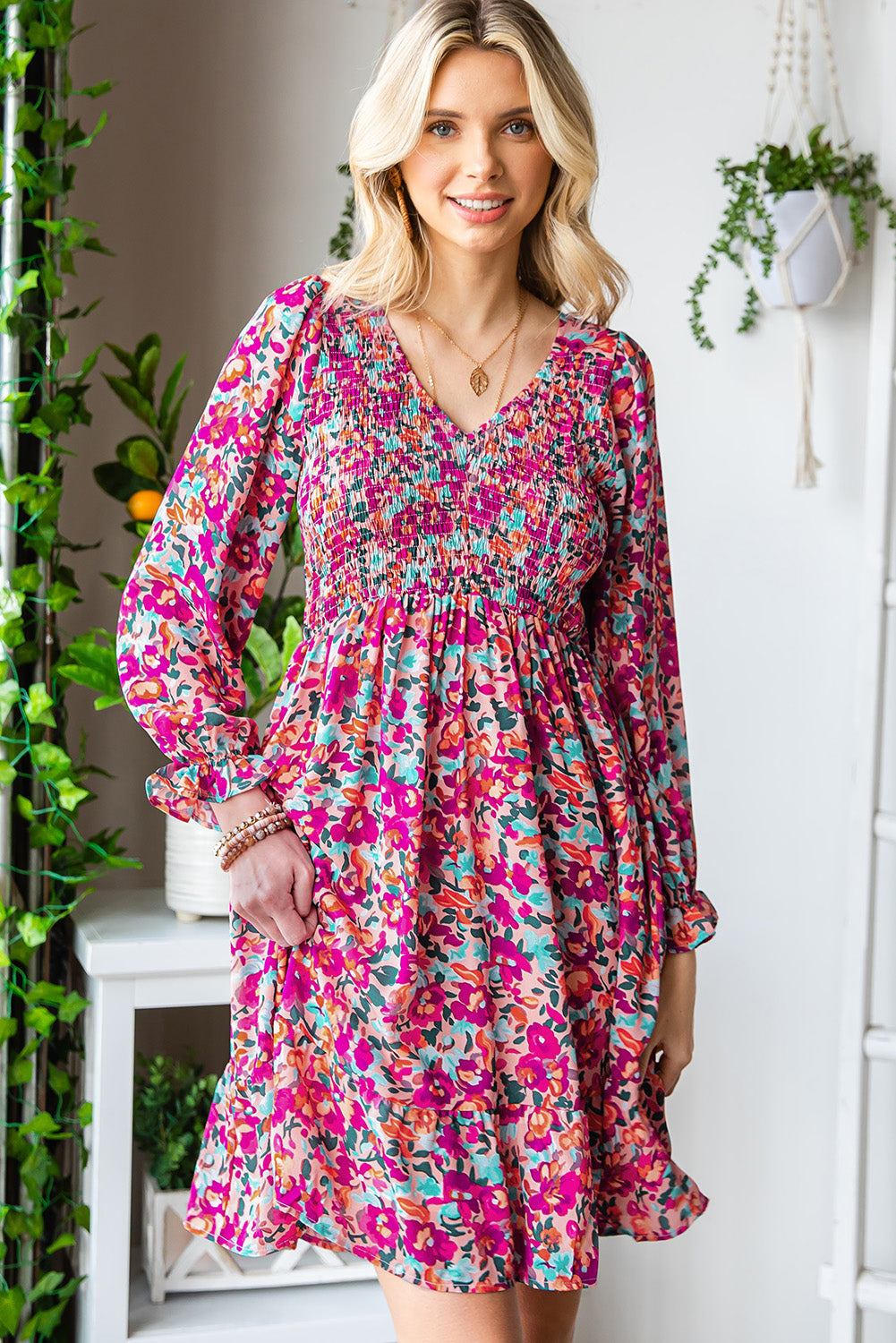 Buy Floral Smocked V-Neck Flounce Sleeve Dress by Faz