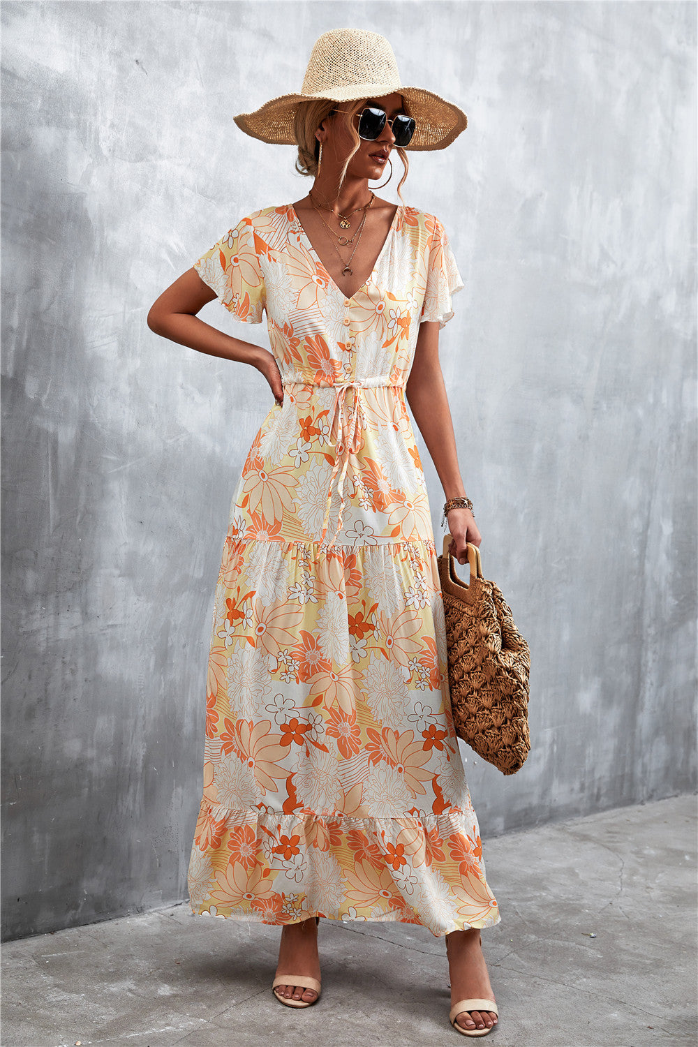 Buy Floral Buttoned Drawstring Waist Tiered Dress by Faz