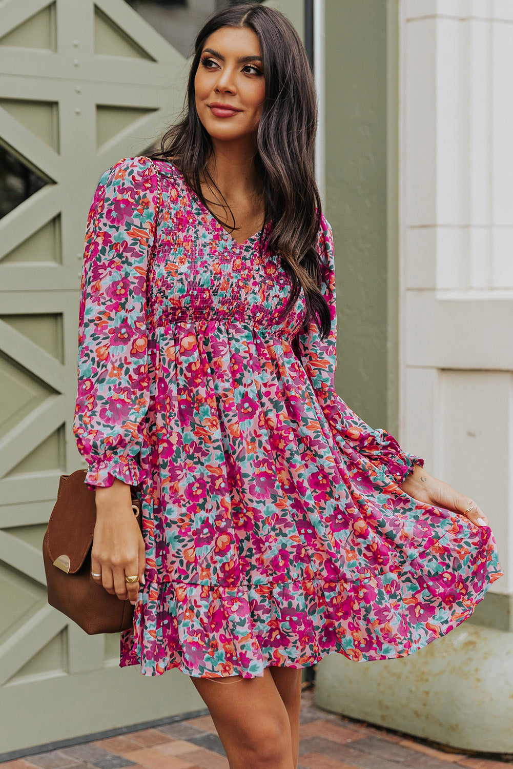 Buy Floral Smocked V-Neck Flounce Sleeve Dress by Faz