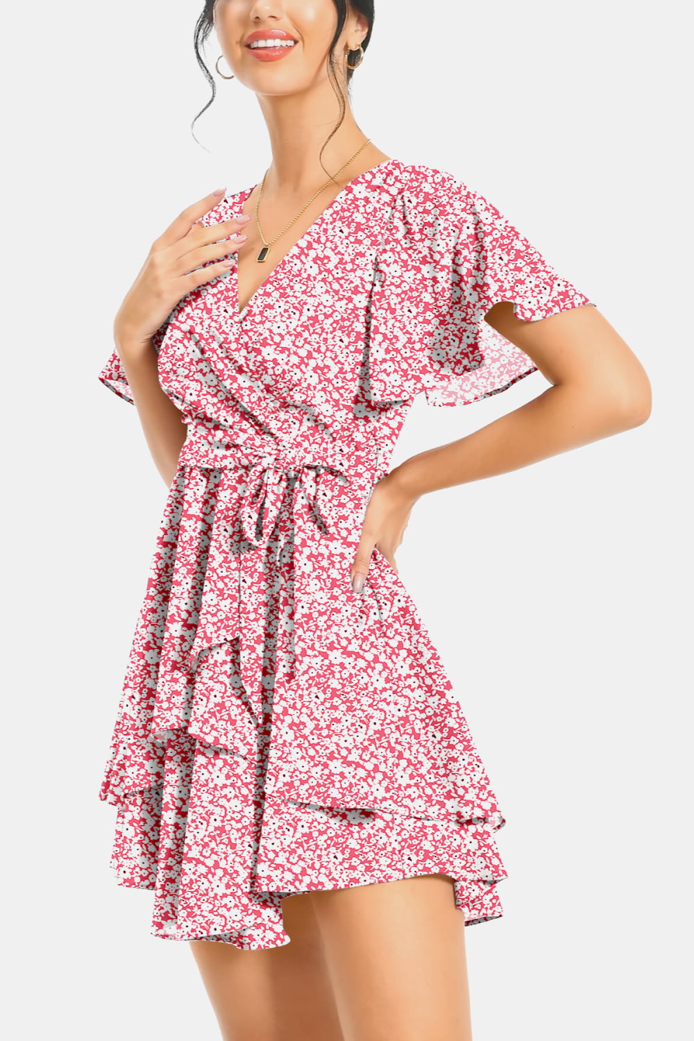 Buy Surplice Neck Flutter Sleeve Dress by A&D