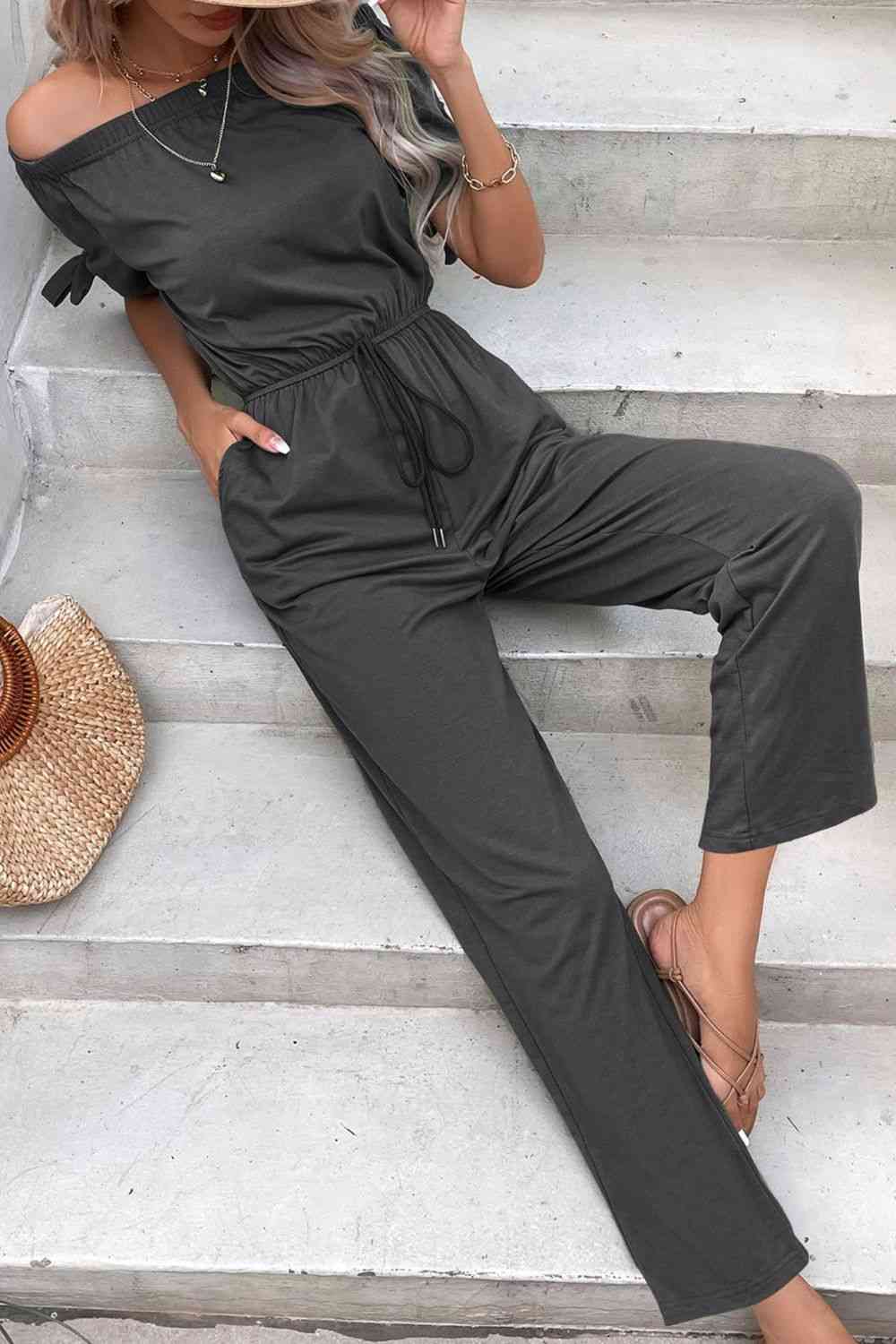 Buy Off-Shoulder Tie Cuff Jumpsuit with Pockets by Hundredth
