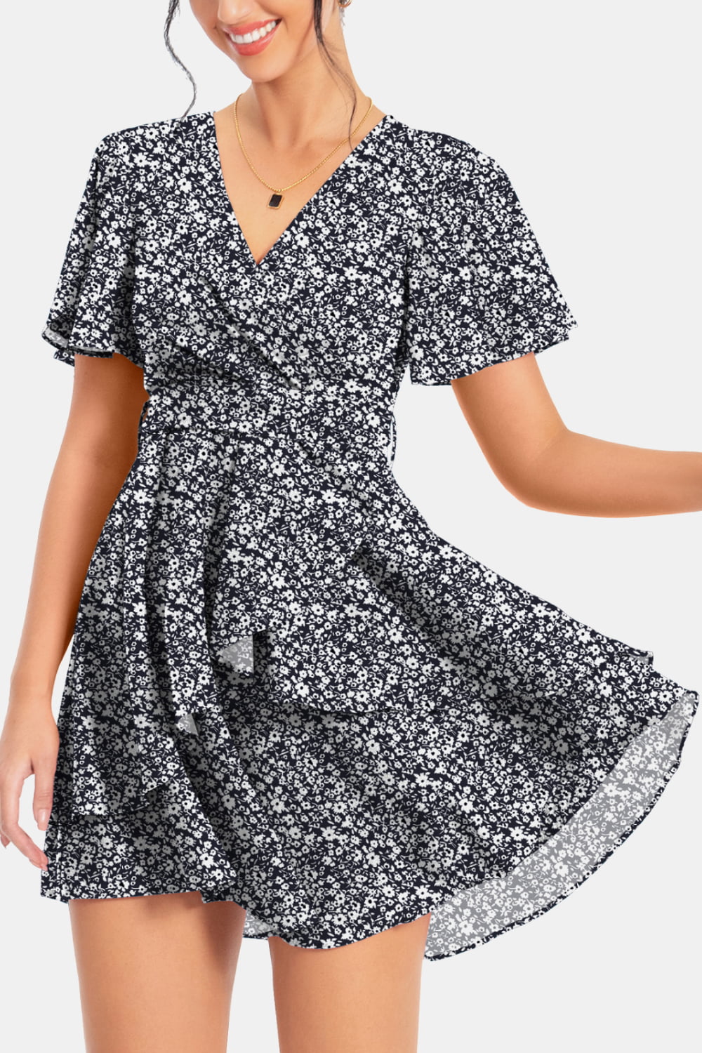 Buy Surplice Neck Flutter Sleeve Dress by A&D