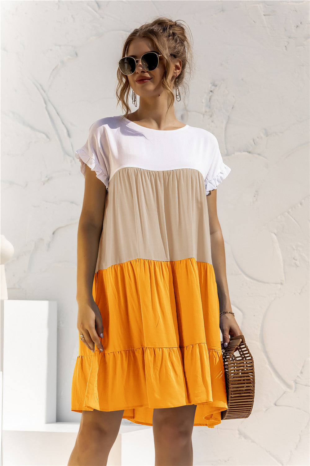 Buy Color Block Round Neck Ruffle Hem Dress by YO