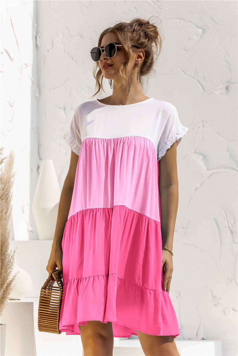 Buy Color Block Round Neck Ruffle Hem Dress by YO