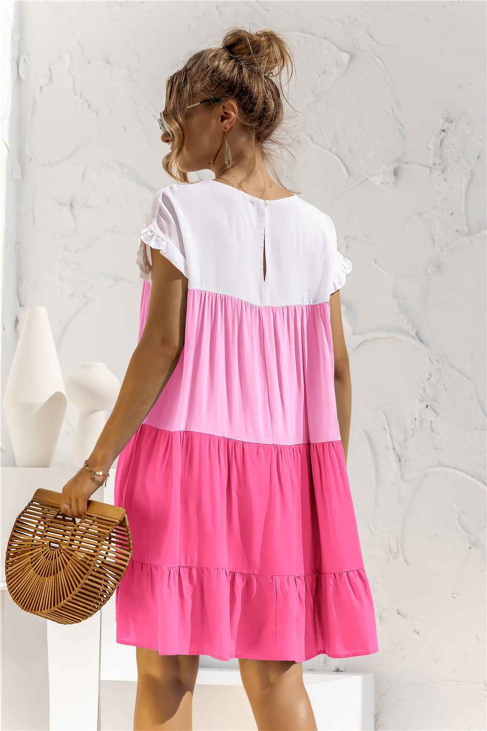 Buy Color Block Round Neck Ruffle Hem Dress by YO