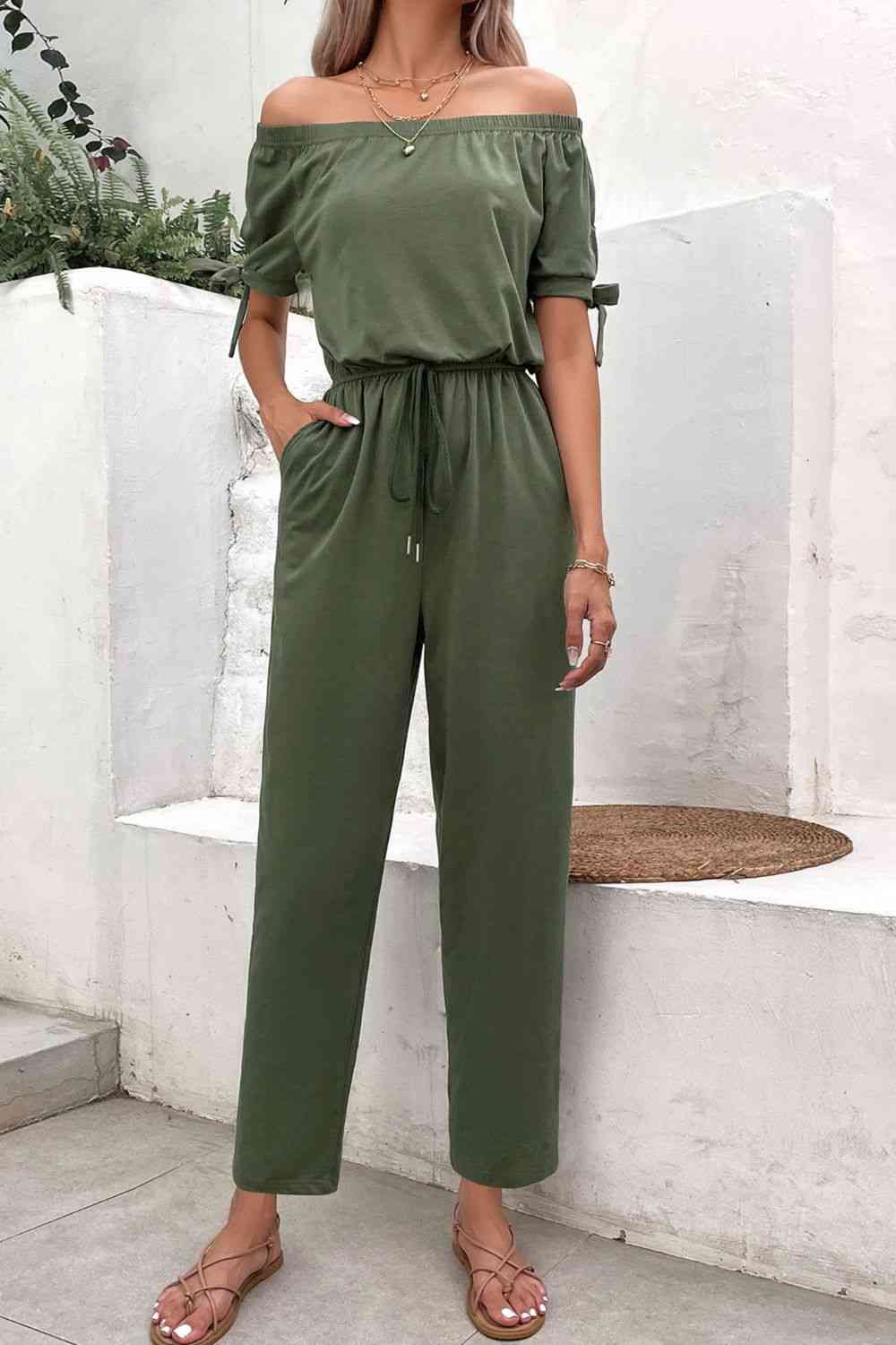 Buy Off-Shoulder Tie Cuff Jumpsuit with Pockets by Hundredth