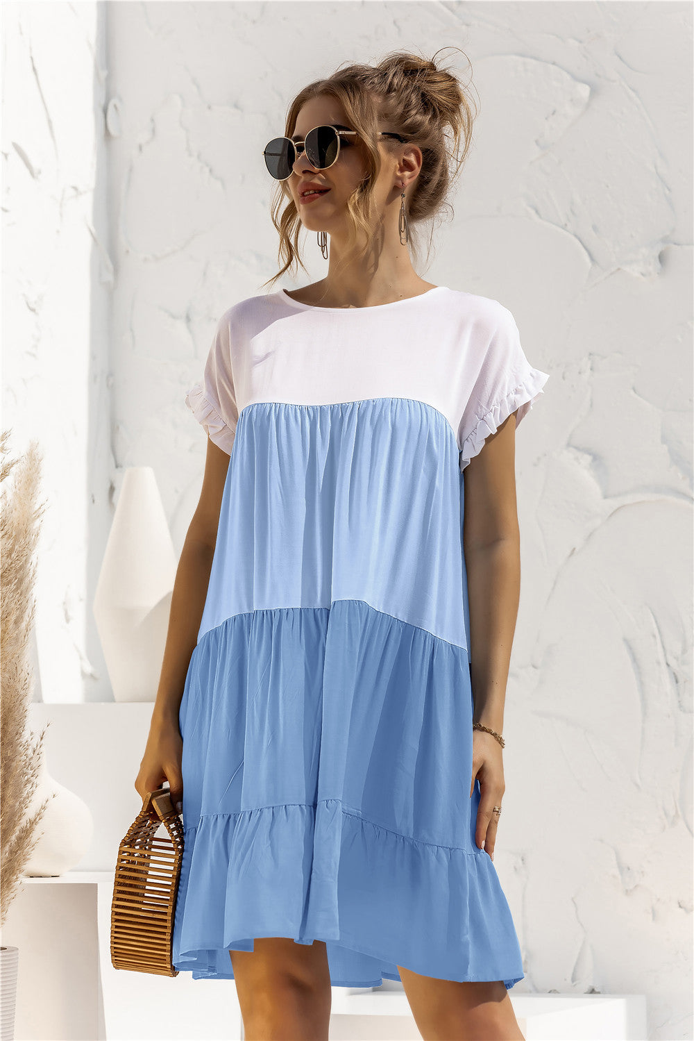 Buy Color Block Round Neck Ruffle Hem Dress by YO