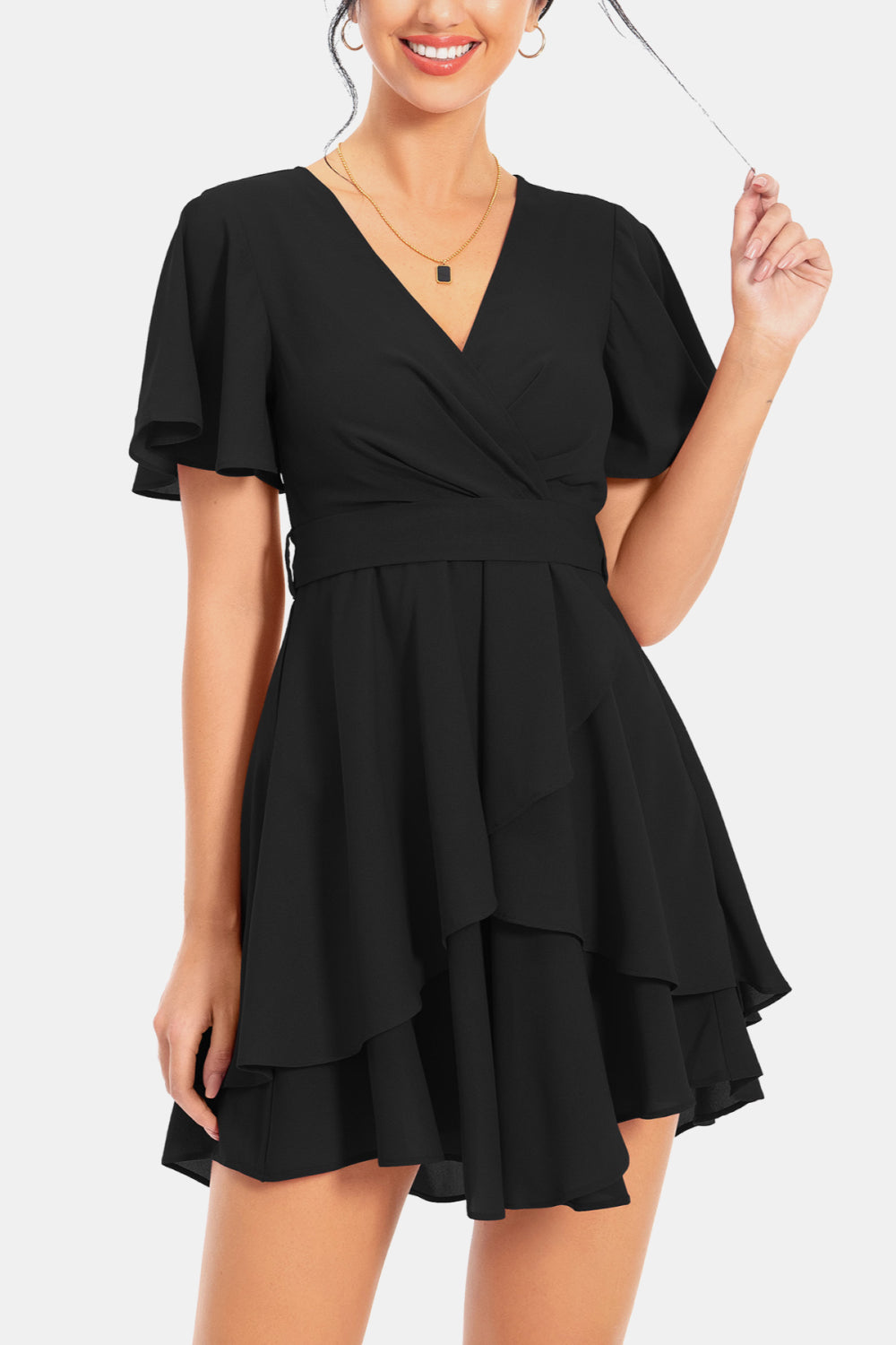 Buy Surplice Neck Flutter Sleeve Dress by A&D