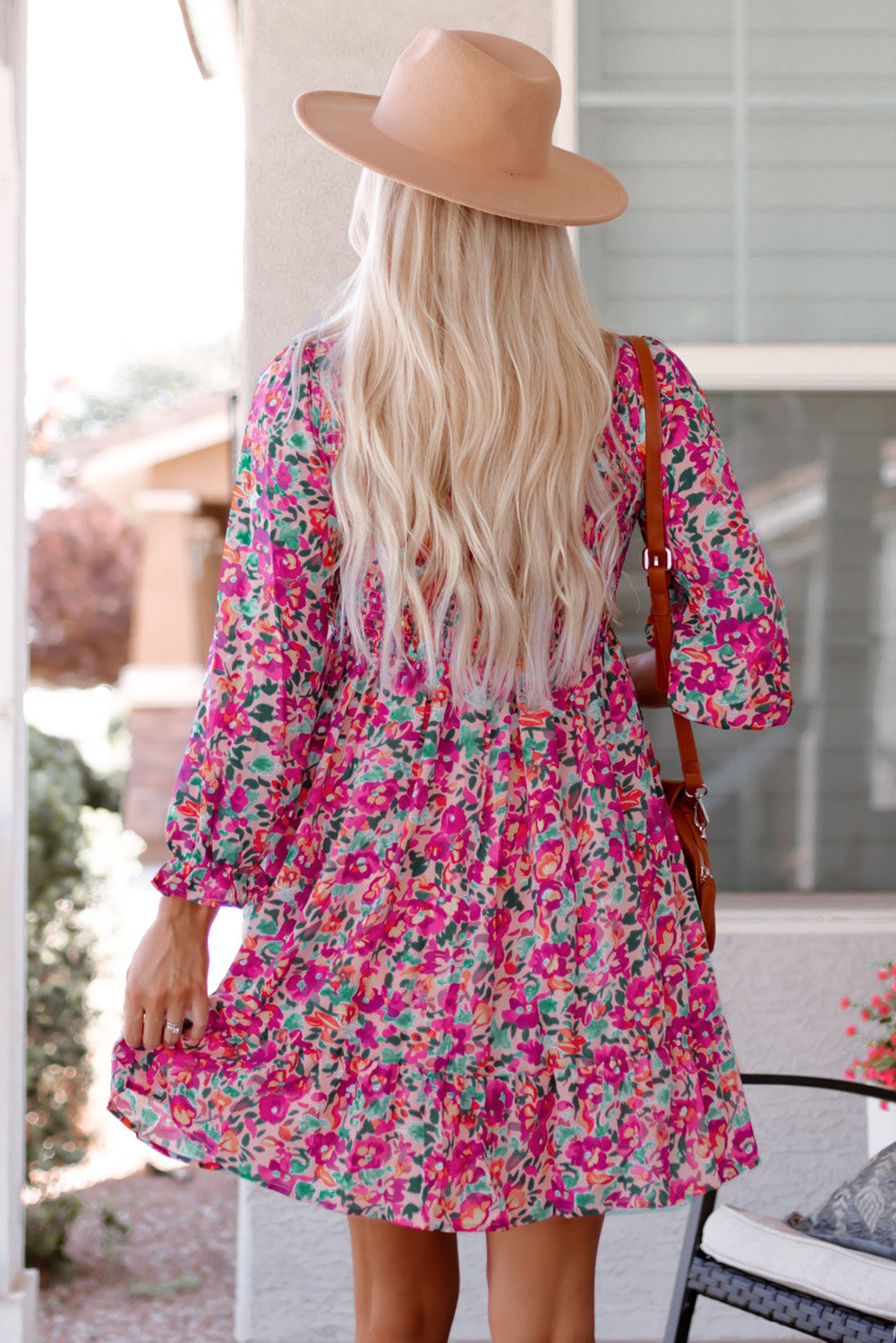 Buy Floral Smocked V-Neck Flounce Sleeve Dress by Faz