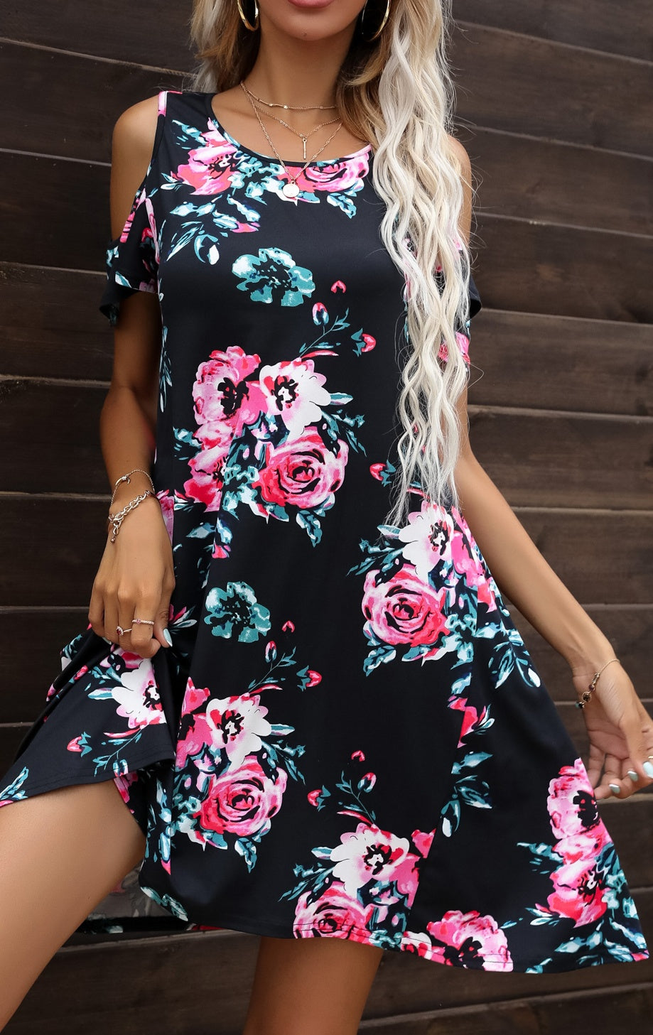 Buy Floral Round Neck Cold-Shoulder Dress by Putica
