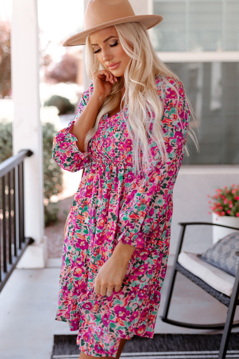 Buy Floral Smocked V-Neck Flounce Sleeve Dress by Faz