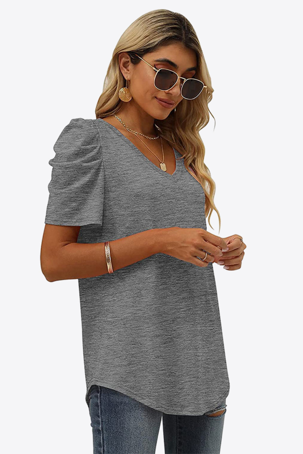 Buy V-Neck Puff Sleeve Tee by Faz