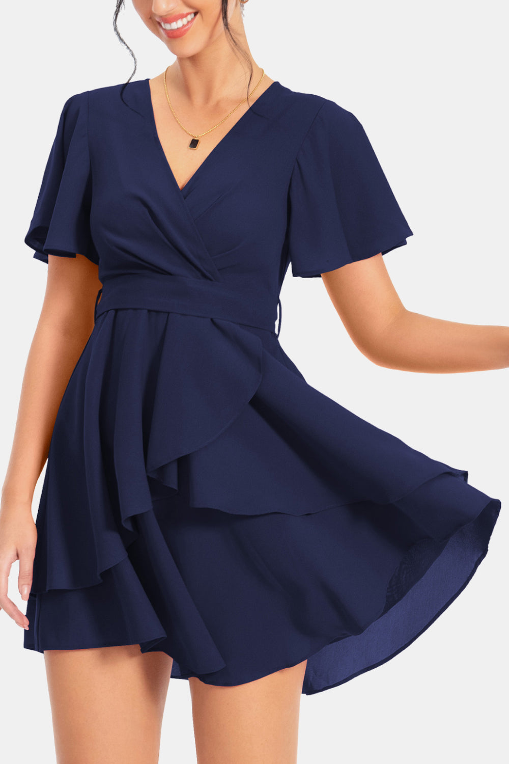 Buy Surplice Neck Flutter Sleeve Dress by A&D