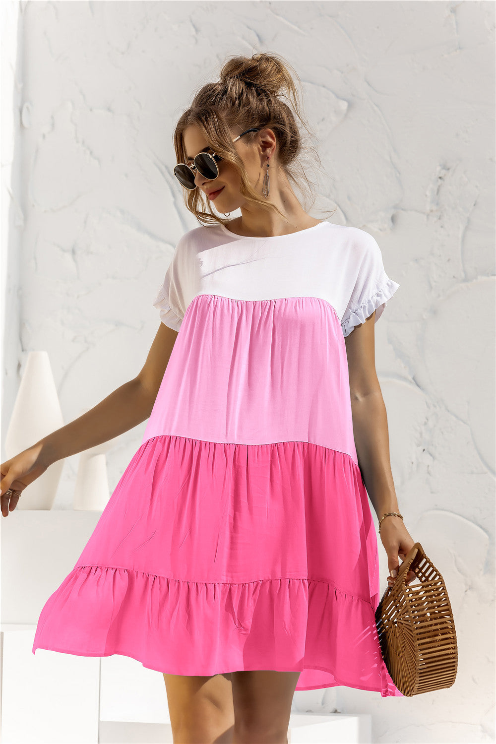 Buy Color Block Round Neck Ruffle Hem Dress by YO