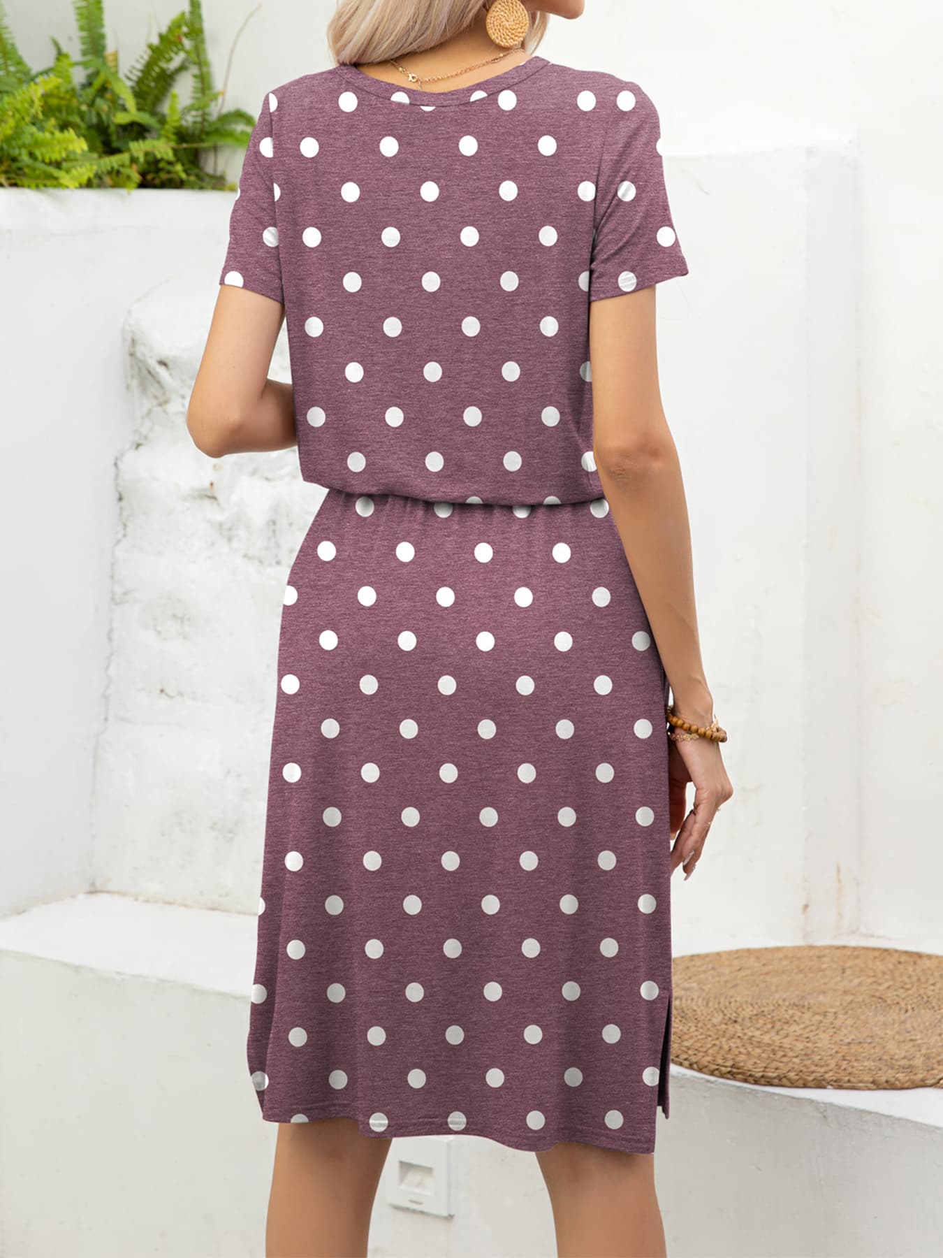 Buy Round Neck Short Sleeve Slit Dress with Pockets by Putica