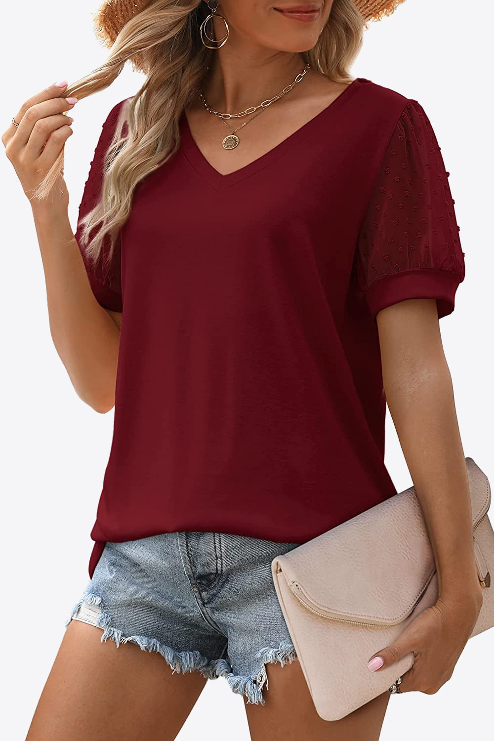 Buy Swiss Dot Puff Sleeve V-Neck Tee by Faz