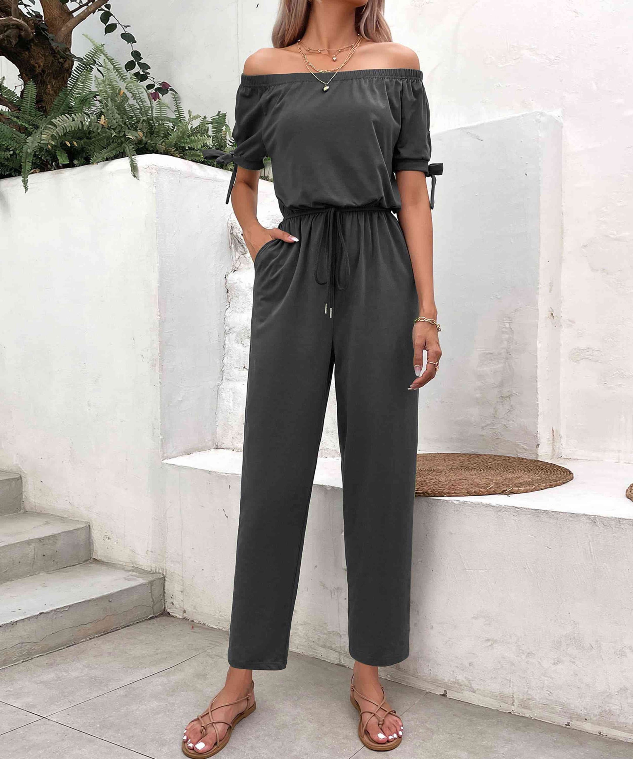 Buy Off-Shoulder Tie Cuff Jumpsuit with Pockets by Hundredth