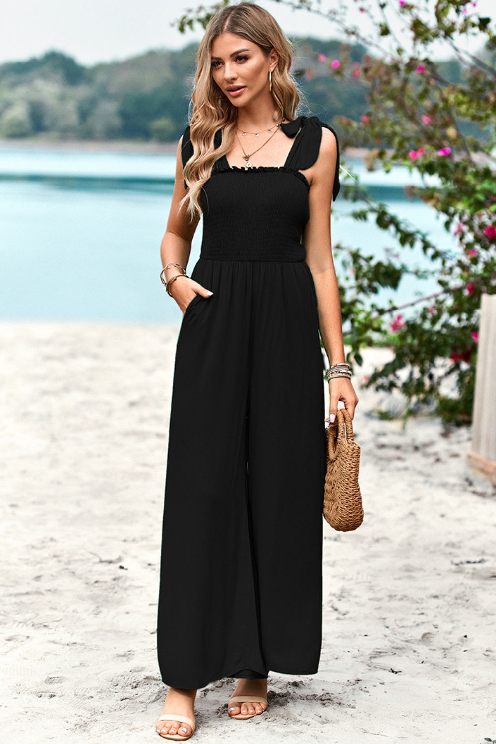 Buy Frill Trim Tie Shoulder Wide Leg Jumpsuit with Pockets by Faz