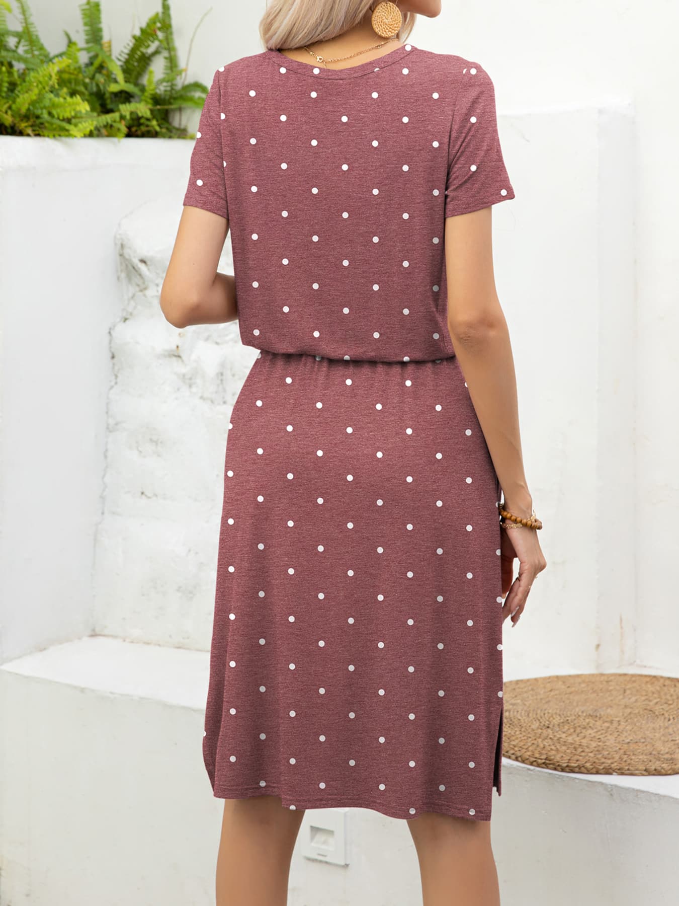 Buy Round Neck Short Sleeve Slit Dress with Pockets by Putica