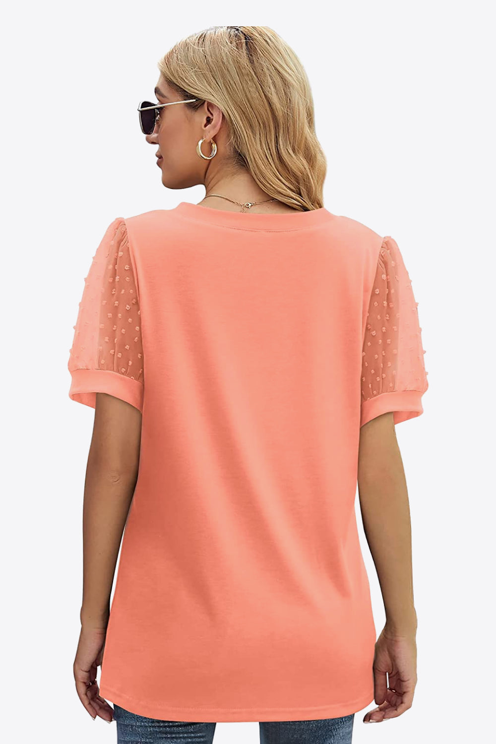 Buy Swiss Dot Puff Sleeve V-Neck Tee by Faz
