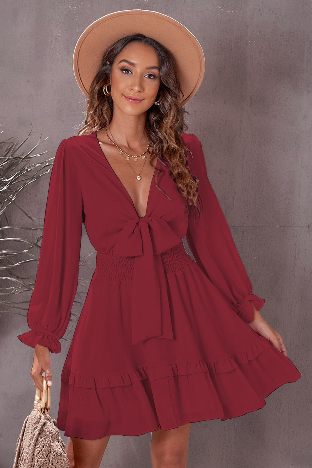 Buy Tied Plunge Smocked Waist Flounce Sleeve Dress by SYNZ