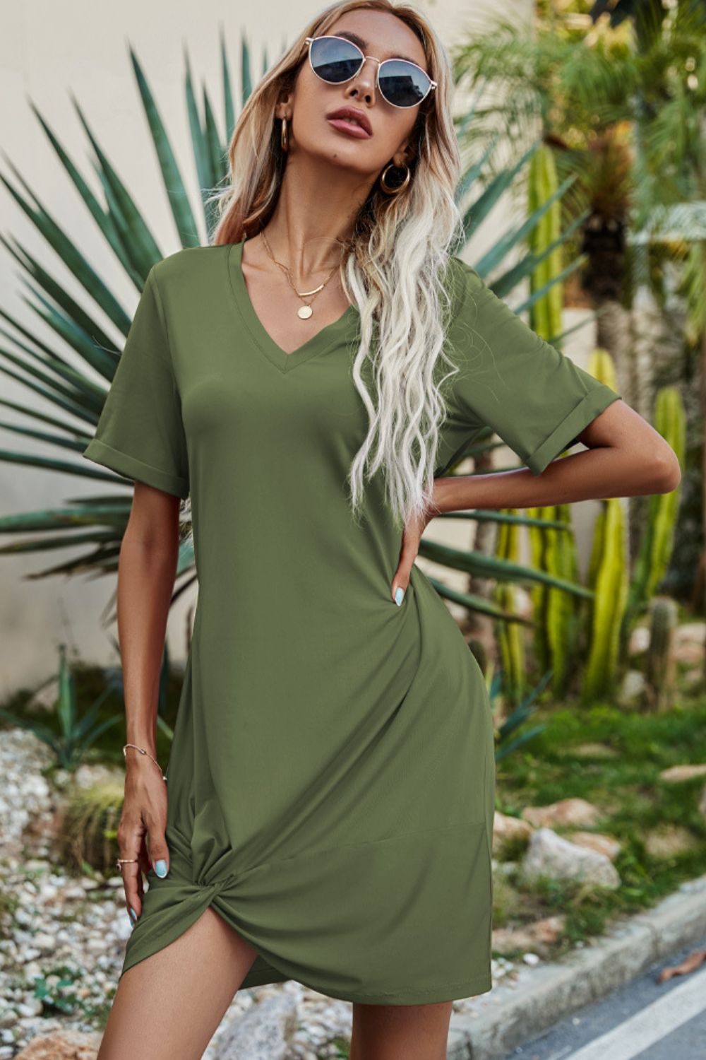 Buy Twisted V-Neck Short Sleeve Dress by Faz